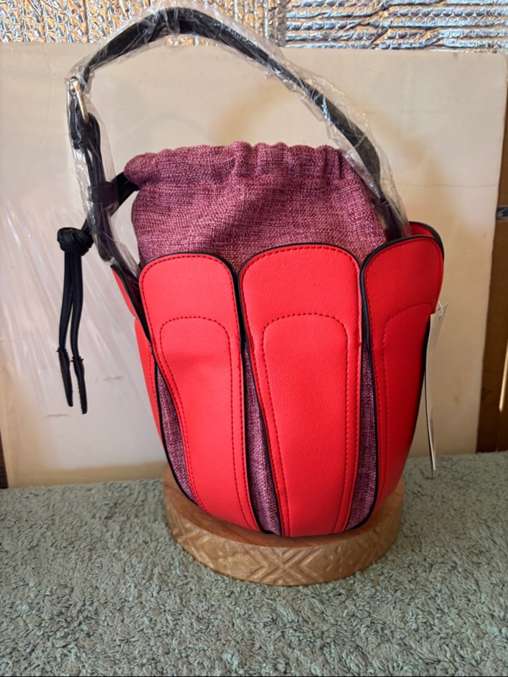 Red Petal-Panel Drawstring Wristlet Clutch - Women
